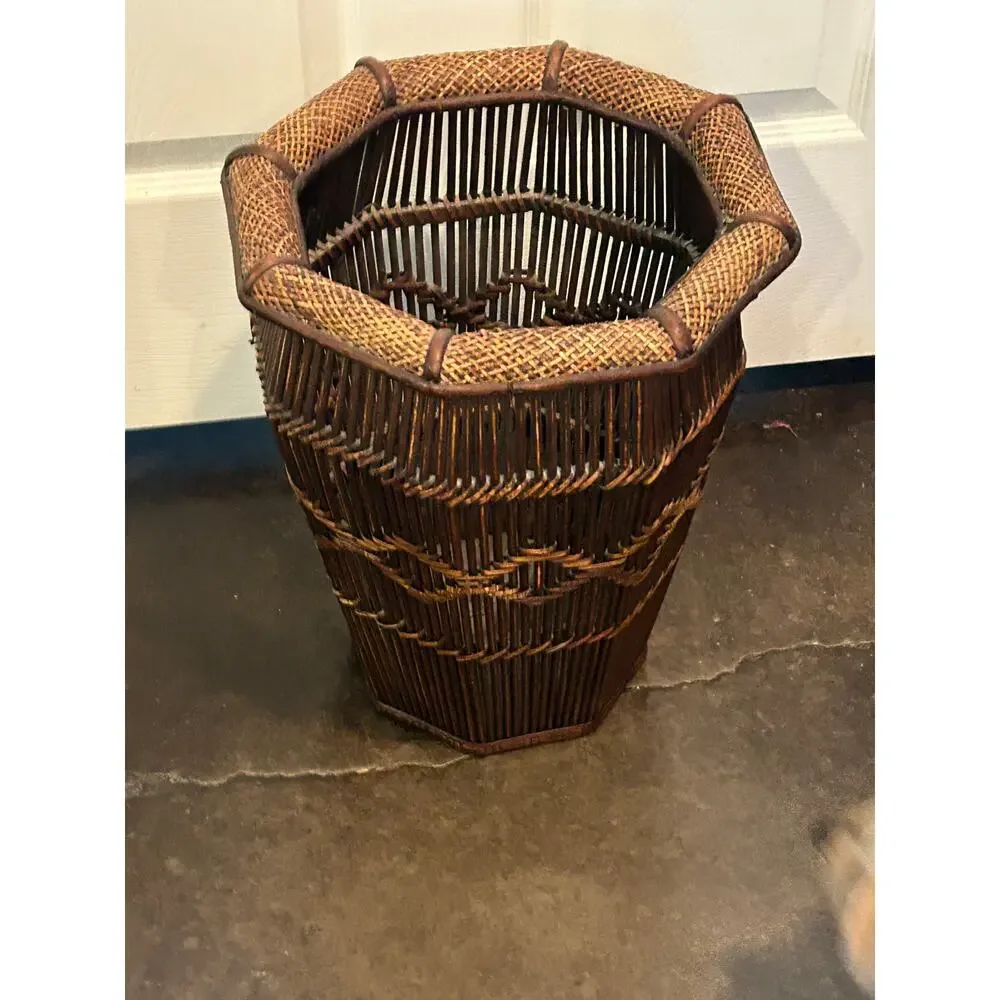 Vintage MCM Bamboo Rattan Umbrella Stand Boho Wicker Floor Basket Vase Planter